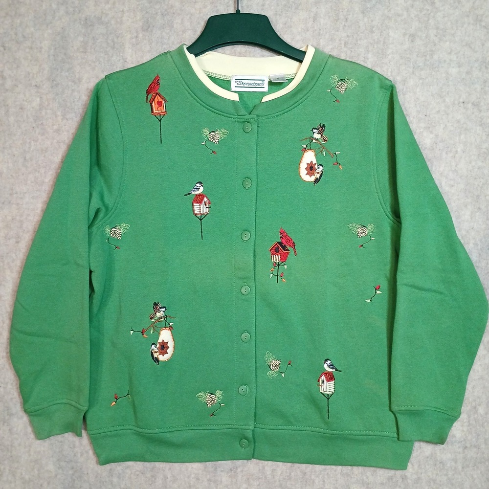 Shenanigans Button-Up Winter Cardigan MEDIUM Birds Embroidery Green